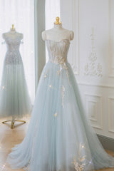 Party Dresses Websites, Blue Strapless Lace Formal Prom Dress, A-Line Tulle Evening Party Dress