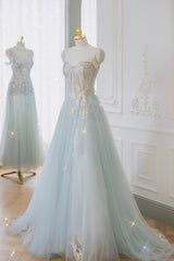 Party Dress Website, Blue Strapless Lace Formal Prom Dress, A-Line Tulle Evening Party Dress