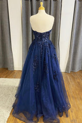 Bridesmaid Dresses Websites, Blue Strapless Lace Long Prom Dress, A-Line Evening Dress Party Dress