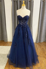 Bridesmaid Dress Websites, Blue Strapless Lace Long Prom Dress, A-Line Evening Dress Party Dress