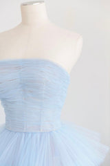 Bridesmaid Dress Mismatched, Blue Strapless Tulle Layers Long Prom Dress, A-Line Evening Dress