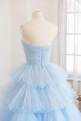 Bridesmaids Dress Mismatched, Blue Strapless Tulle Layers Long Prom Dress, A-Line Evening Dress