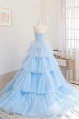 Bridesmaid Dresses Mismatching, Blue Strapless Tulle Layers Long Prom Dress, A-Line Evening Dress