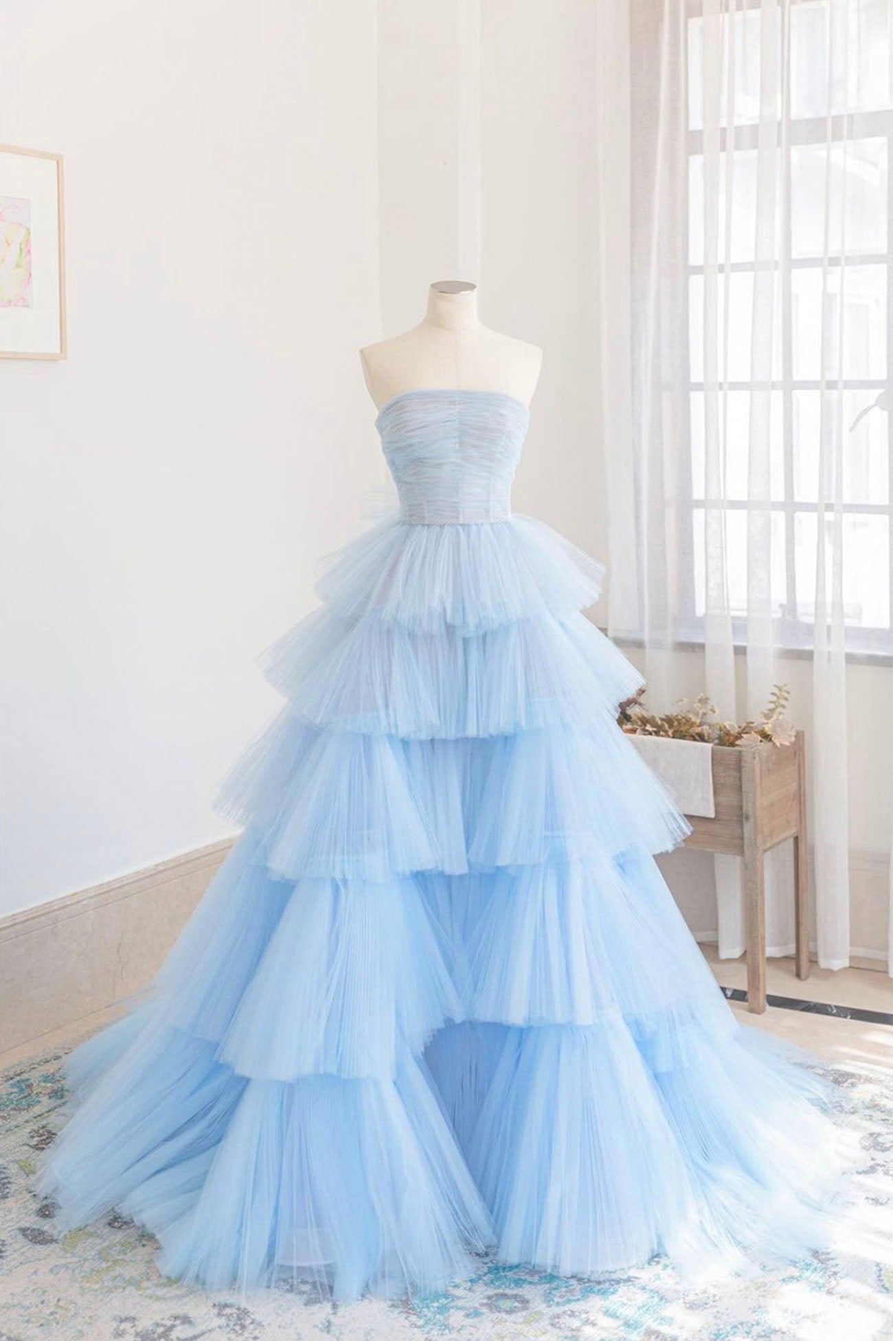 Bridesmaid Dresses Neutral, Blue Strapless Tulle Layers Long Prom Dress, A-Line Evening Dress