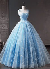 Party Dress Classy Christmas, Blue Straps Tulle Floral Long Prom Dress, Blue Formal Dress Party Dress