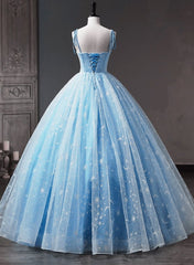 Party Dresses White, Blue Straps Tulle Floral Long Prom Dress, Blue Formal Dress Party Dress