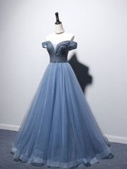 Party Dress Mid Length, Blue Sweetheart Neck Beads Long Prom Dress, Blue Tulle Formal Dress With Beading Sequin