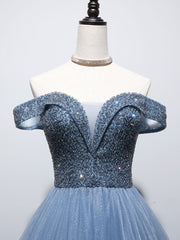 Party Dresses For Ladies 2033, Blue Sweetheart Neck Beads Long Prom Dress, Blue Tulle Formal Dress With Beading Sequin