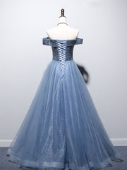 Party Dress Night Out, Blue Sweetheart Neck Beads Long Prom Dress, Blue Tulle Formal Dress With Beading Sequin