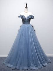 Party Dress With Sleeves, Blue Sweetheart Neck Beads Long Prom Dress, Blue Tulle Formal Dress With Beading Sequin