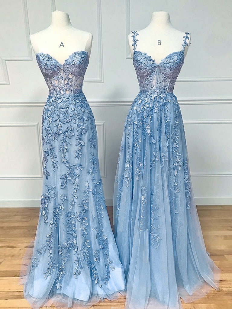 Glamorous Dress, Blue Sweetheart Neck Lace Long Prom Dresses, Blue Lace Graduation Dress