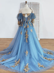 Elegant Wedding, Blue Sweetheart Neck Off Shoulder Long Prom Dress, Lace Evening Dresses