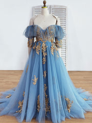 Nice Dress, Blue Sweetheart Neck Off Shoulder Long Prom Dress, Lace Evening Dresses