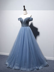 Evening Dresses Sale, Blue Sweetheart Neck Tulle Beads Off Shoulder Long Prom Dress