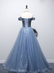 Evening Dress Sale, Blue Sweetheart Neck Tulle Beads Off Shoulder Long Prom Dress