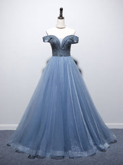 Evening Dresses Near Me, Blue Sweetheart Neck Tulle Beads Off Shoulder Long Prom Dress