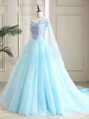 Formal Dresses With Sleeves For Weddings, Blue Sweetheart Neck Tulle Lace Long Prom Dress, Blue Evening Dress