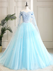 Formal Dress For Girls, Blue Sweetheart Neck Tulle Lace Long Prom Dress, Blue Evening Dress
