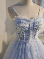 Bridesmaids Dresses White, Blue sweetheart neck tulle lace short prom dress blue puffy homecoming dress