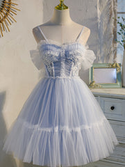 Bridesmaid Dress White, Blue sweetheart neck tulle lace short prom dress blue puffy homecoming dress