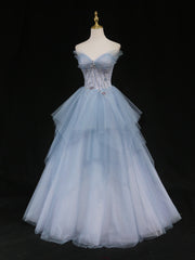 Bridesmaid Dress Website, Blue Sweetheart Neck Tulle Long Prom Gown, Blue Long Formal Graduation Dress