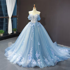 Party Dress On Line, Blue Sweetheart Off Shoulder with Lace Applique Party Dress, Blue Sweet 16 Dress