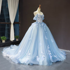 Party Dress Style Shop, Blue Sweetheart Off Shoulder with Lace Applique Party Dress, Blue Sweet 16 Dress