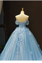 Party Dress In Store, Blue Sweetheart Off Shoulder with Lace Applique Party Dress, Blue Sweet 16 Dress