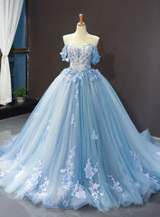 Party Dress Fancy, Blue Sweetheart Off Shoulder with Lace Applique Party Dress, Blue Sweet 16 Dress