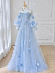 Formal Dresses Wedding, Blue Sweetheart Tulle 3D Flower Long Prom Dress, Blue Evening Dress