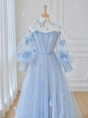 Formal Dress Websites, Blue Sweetheart Tulle 3D Flower Long Prom Dress, Blue Evening Dress
