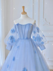 Formal Dress Website, Blue Sweetheart Tulle 3D Flower Long Prom Dress, Blue Evening Dress