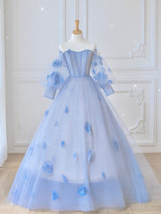 Formal Dress Wedding, Blue Sweetheart Tulle 3D Flower Long Prom Dress, Blue Evening Dress