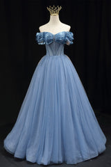 Formal Dress Website, Blue Sweetheart Tulle Long Formal Dress, Off the Shoulder Evening Graduation Dress