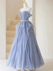 Evening Dress Near Me, Blue Sweetheart Tulle Off-the-Shoulder Floor-Length Prom Dresses, Blue Evening Gown