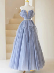 Evening Dresses Sale, Blue Sweetheart Tulle Off-the-Shoulder Floor-Length Prom Dresses, Blue Evening Gown
