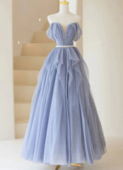 Evening Dress Shops, Blue Sweetheart Tulle Off-the-Shoulder Floor-Length Prom Dresses, Blue Evening Gown