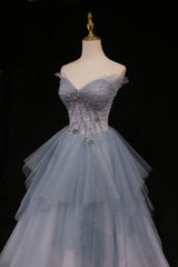 Dress To Impression, Blue Tulle A-Line Strapless Long Prom Dress, Blue Evening Party Dress