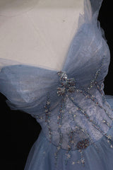 Wedding Dress Guest, Blue Tulle A-Line Strapless Long Prom Dress, Blue Evening Party Dress