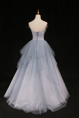 Short Dress Style, Blue Tulle A-Line Strapless Long Prom Dress, Blue Evening Party Dress