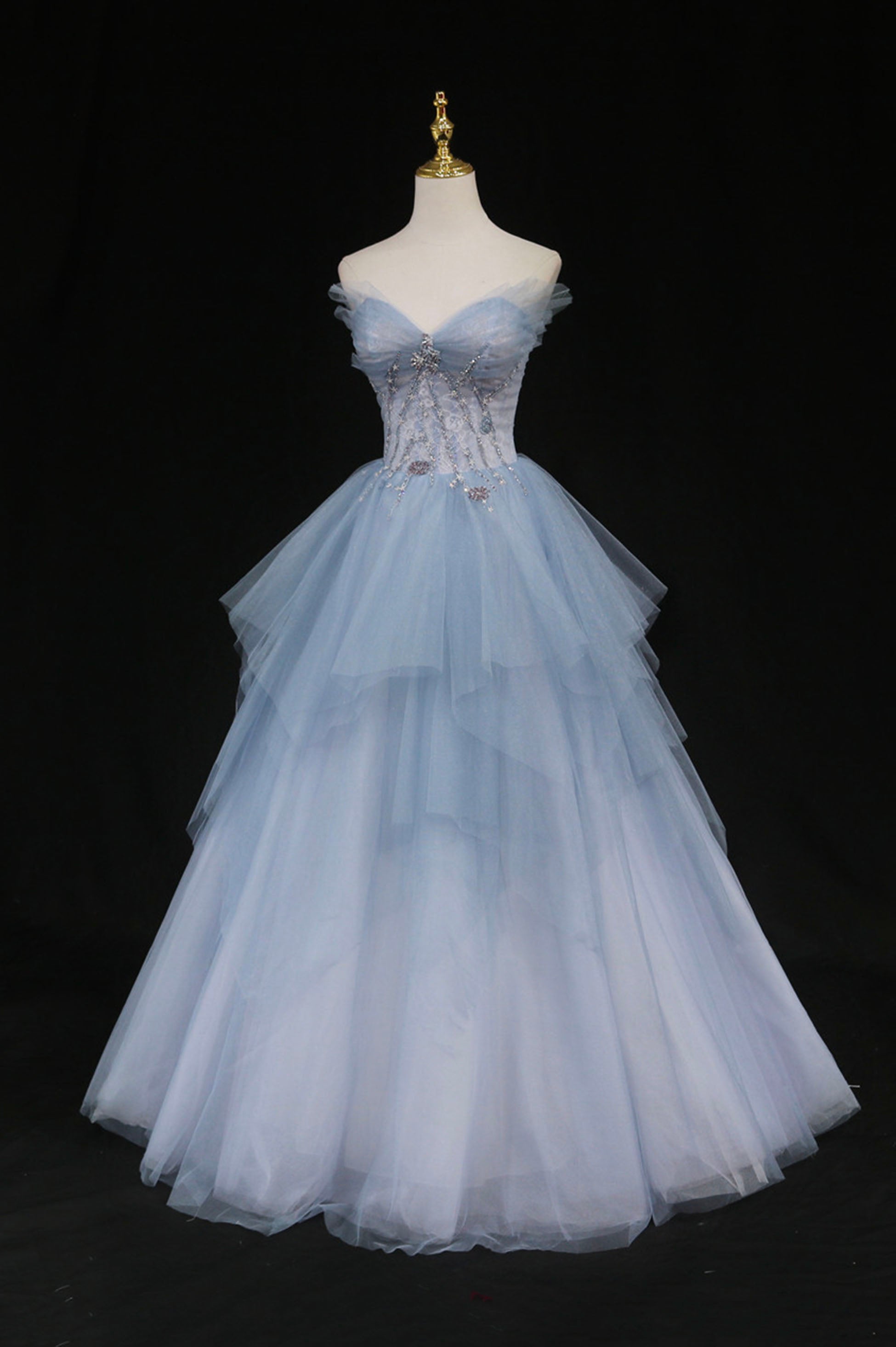 Red Formal Dress, Blue Tulle A-Line Strapless Long Prom Dress, Blue Evening Party Dress