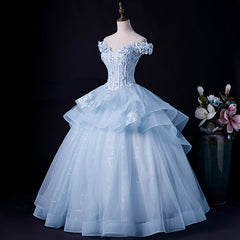 Formal Dressing For Ladies, Blue Tulle Ball Gown Off Shoulder Layers Sweet 16 Dress, Blue Formal Dress with Lace