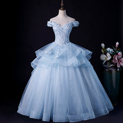 Formal Dresses Nearby, Blue Tulle Ball Gown Off Shoulder Layers Sweet 16 Dress, Blue Formal Dress with Lace