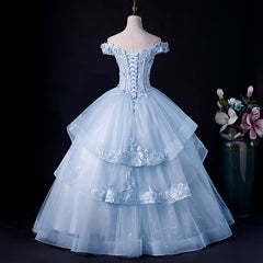 Formal Dress Prom, Blue Tulle Ball Gown Off Shoulder Layers Sweet 16 Dress, Blue Formal Dress with Lace