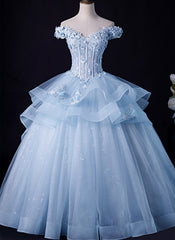 Formal Dress For Ladies, Blue Tulle Ball Gown Off Shoulder Layers Sweet 16 Dress, Blue Formal Dress with Lace