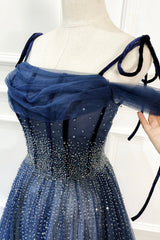 Prom Dress Shop, Blue Tulle Beaded Long A-Line Prom Dress, Blue Spaghetti Straps Evening Dress