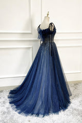 Prom Dress Under 210, Blue Tulle Beaded Long A-Line Prom Dress, Blue Spaghetti Straps Evening Dress