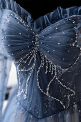 Prom Dress Places, Blue Tulle Beaded Long Prom Dress, A-Line Long Sleeve Evening Dress