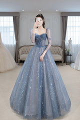 Prom Dress Trends 2033, Blue Tulle Beaded Long Prom Dress, A-Line Long Sleeve Evening Dress