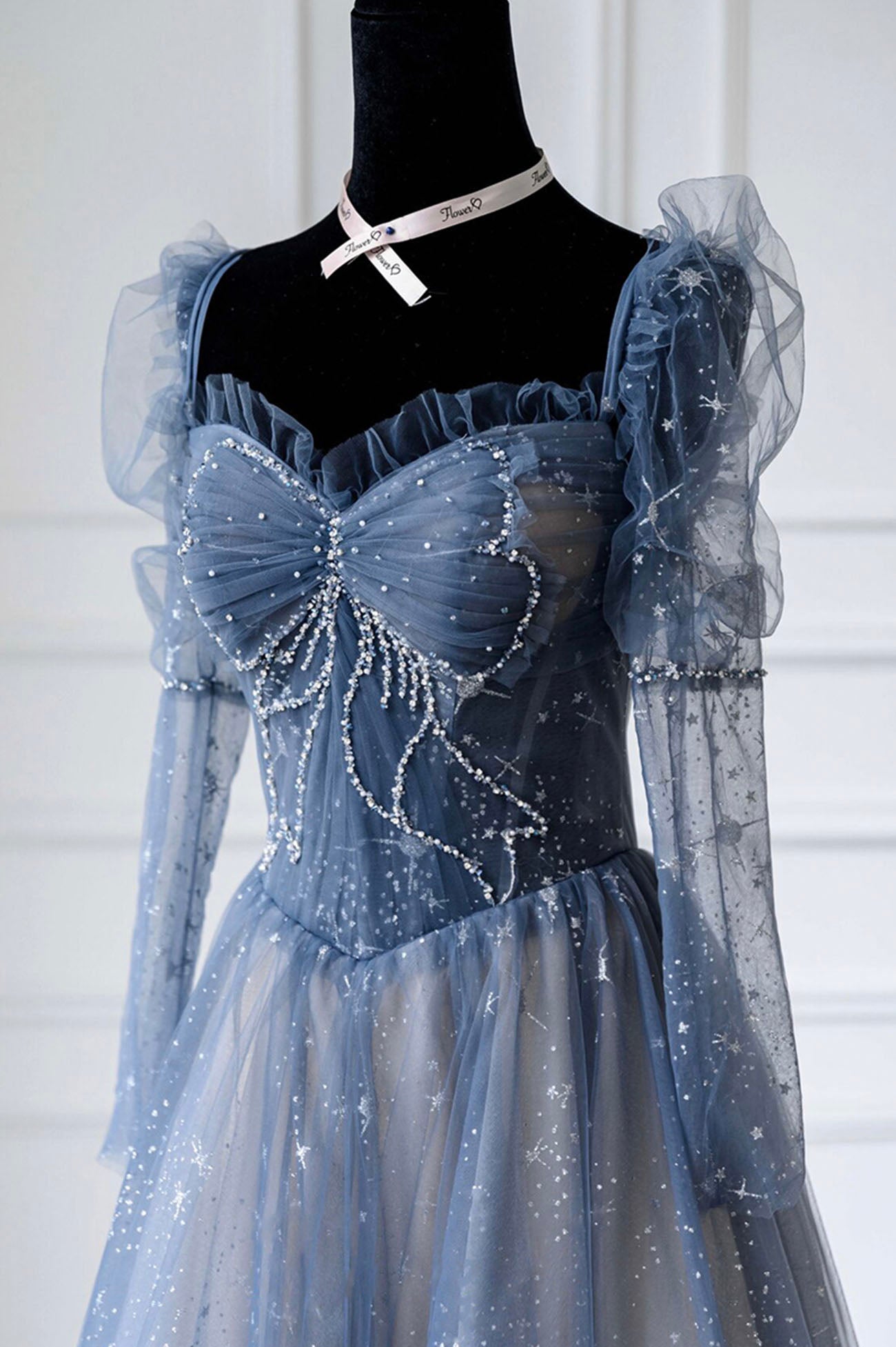 Prom Dress Ideas 2033, Blue Tulle Beaded Long Prom Dress, A-Line Long Sleeve Evening Dress